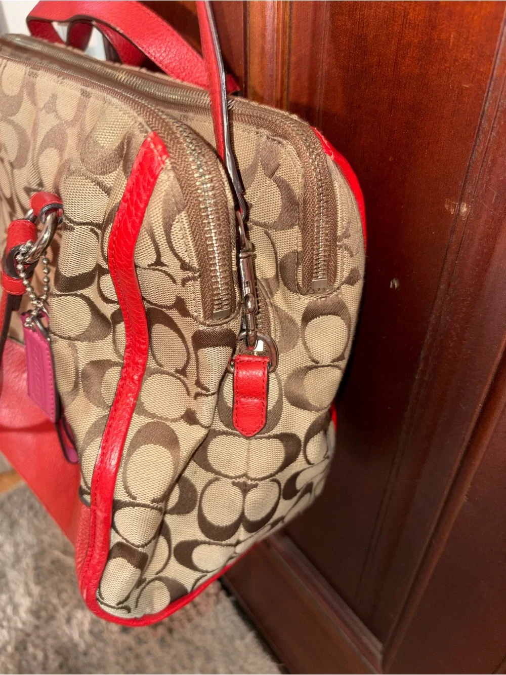 Coach Brown Signature Canvas Shoulder Bag with orange/red Trim